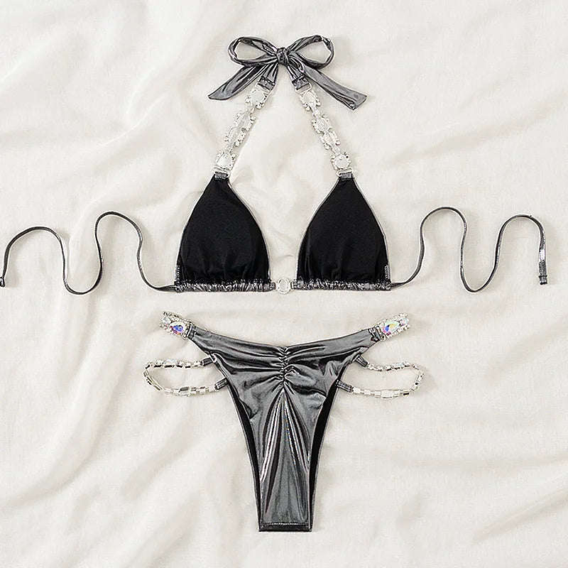 Halter Shiny Jewelled Diamond Bikini Women Swimwear Female Swimsuit Two-pieces Bikini Set Brazilian Bathing Suit Swim Beach Wear