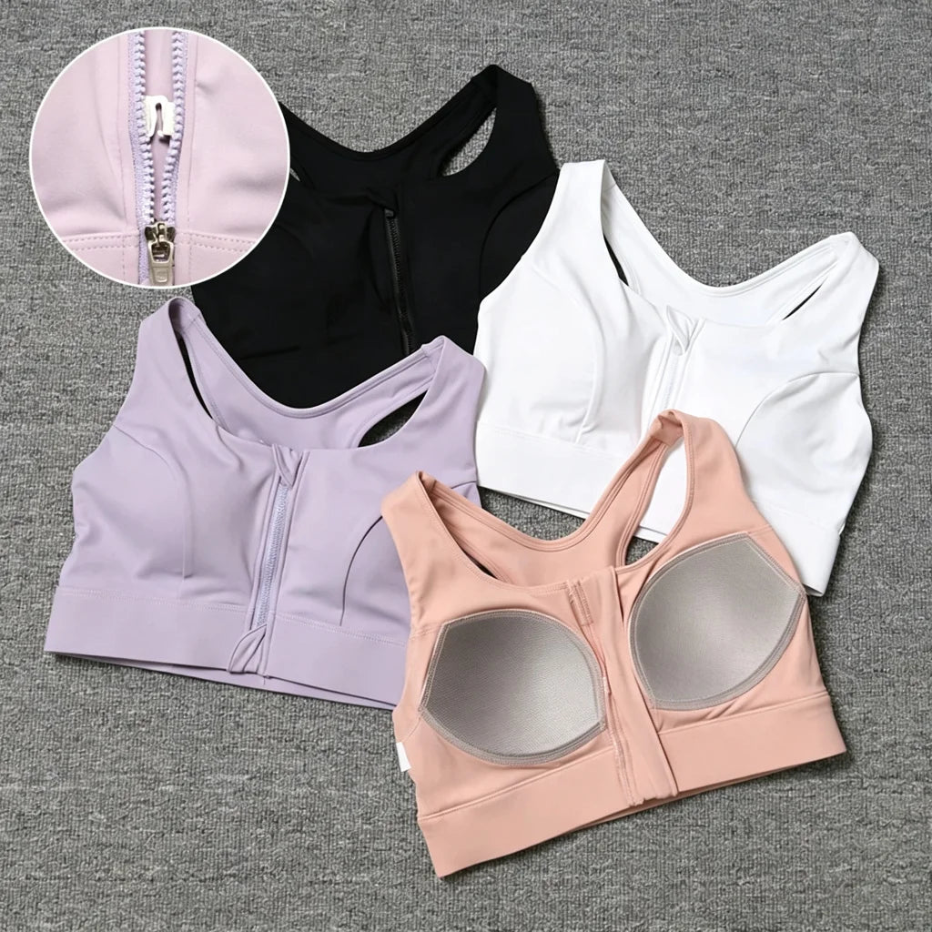 2026 NewFront Zipper Adjustment High Strength Shockproof Gathered Sexy Cross Back Workout Sports Bra For Women