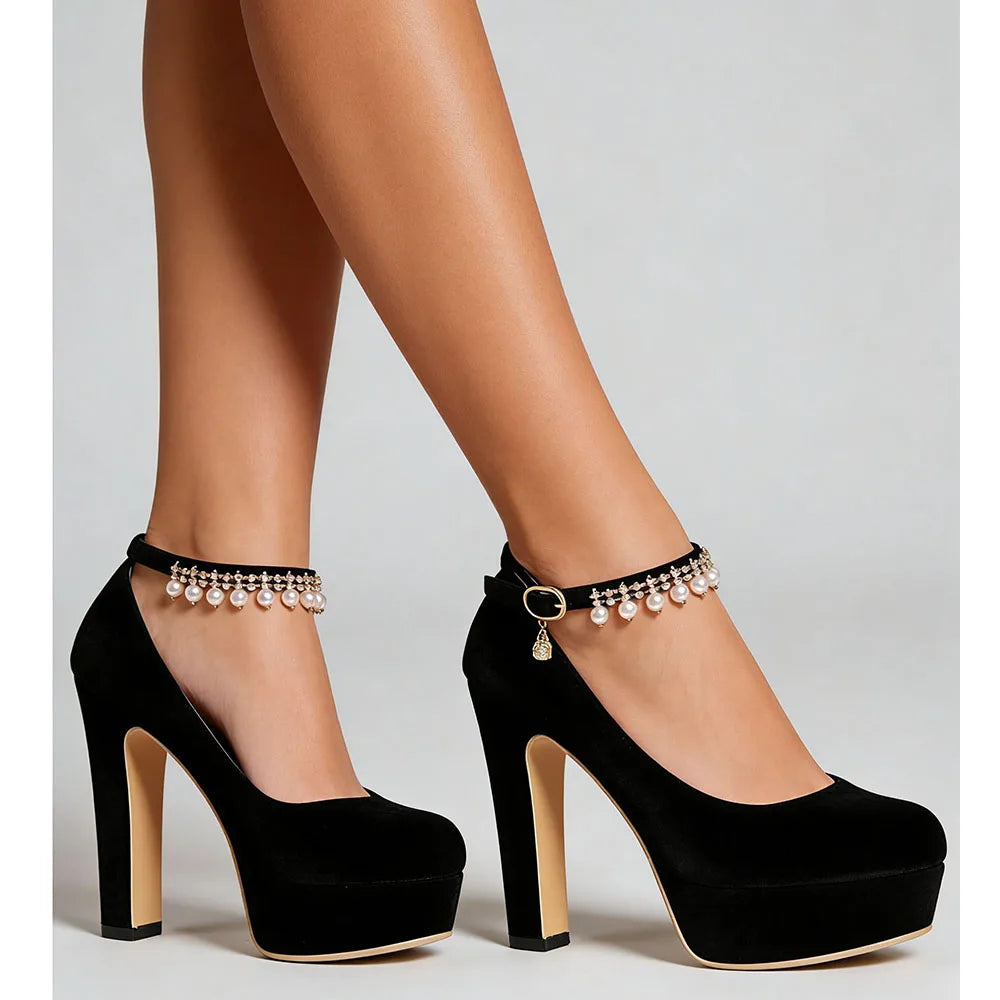 2026 Big Size 33-43 Classic Black Office Lady Beading Ankle Strap Platform Pumps Elegant Red 12cm Party High Heels Shoes Women
