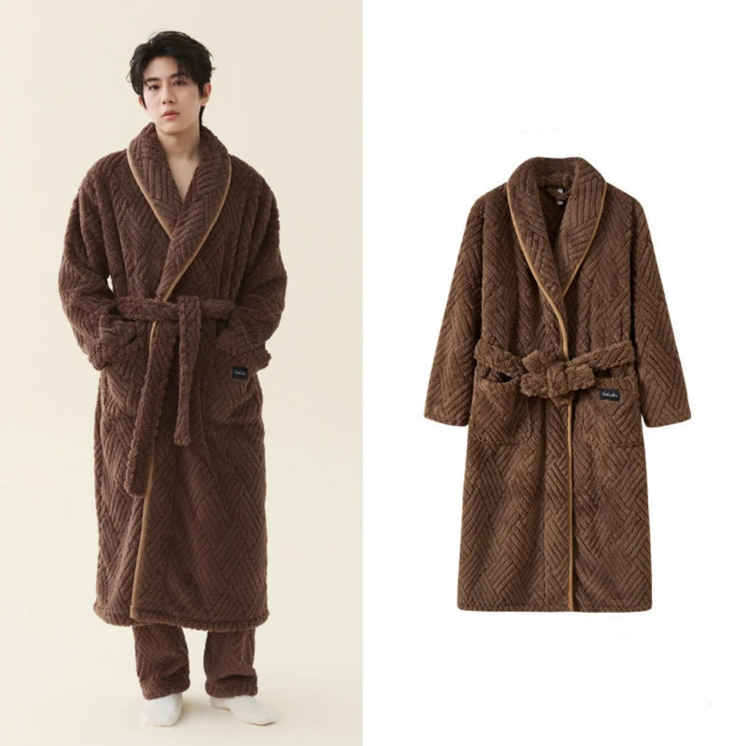 Men Women Jacquard Coral Fleece Bathrobe Autumn Winter Thick Warm Couple Sleepwear Soft Plush Loose Indoor Home Loungewear