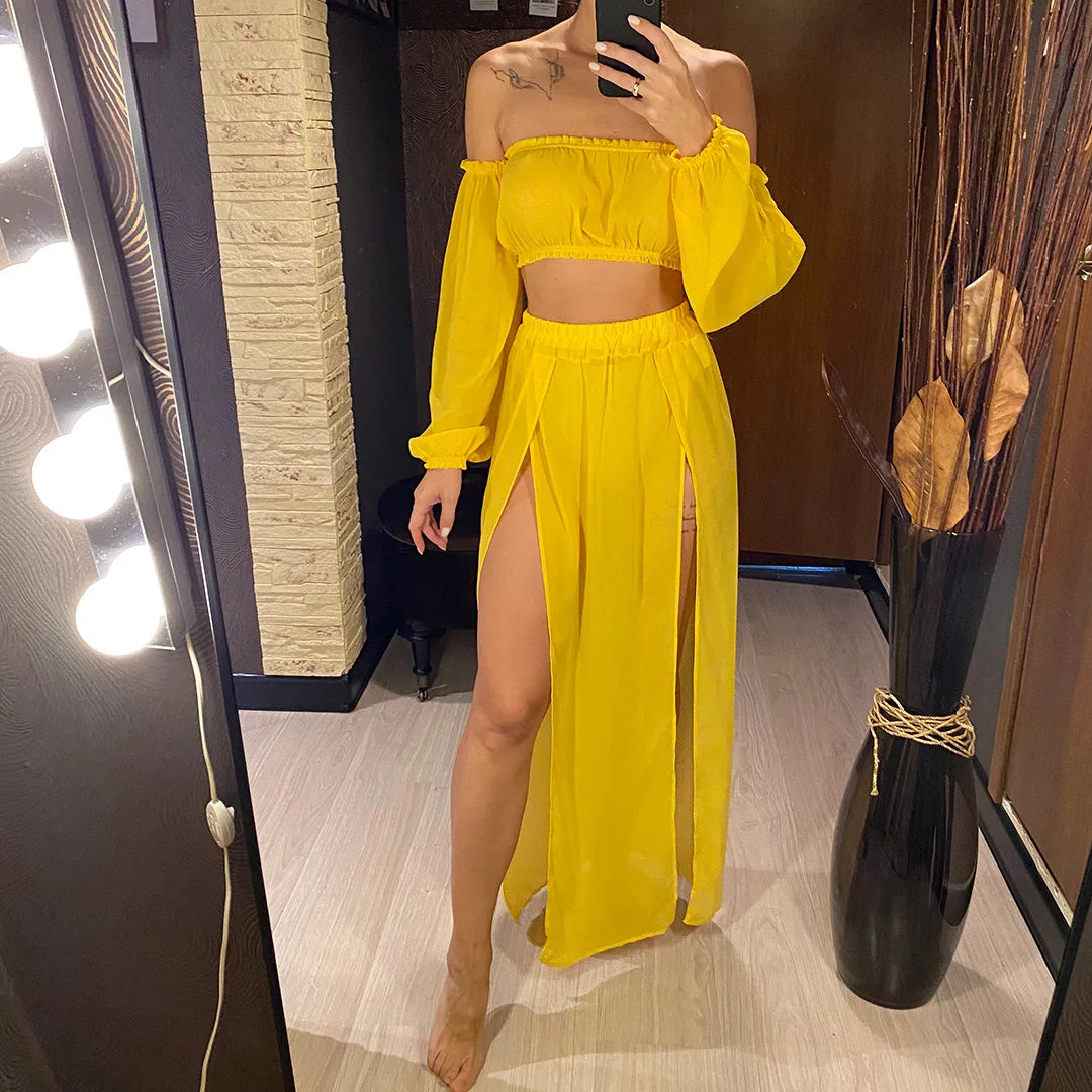 2026 Leopard Off Shoulder Long Sleeve 2 Pieces Set Beach Cover Up Cover-ups Beach Dress Beach Wear Beachwear Female Women V3728