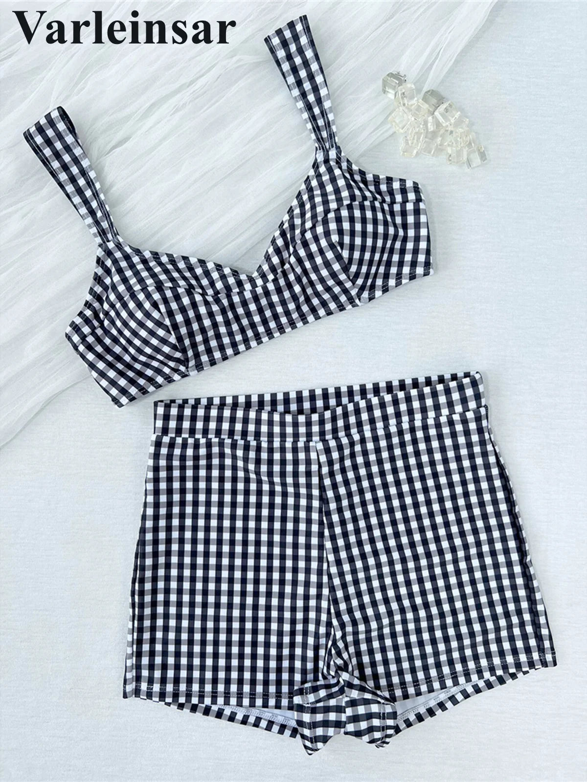 Plaid V Neck Shorts Female Swimsuit High Waist Bikini Women Swimwear Two-Pieces Bikini Set Padded Bather Bathing Suit Swim V8272