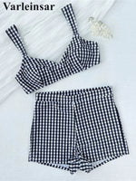 Plaid V Neck Shorts Female Swimsuit High Waist Bikini Women Swimwear Two-Pieces Bikini Set Padded Bather Bathing Suit Swim V8272