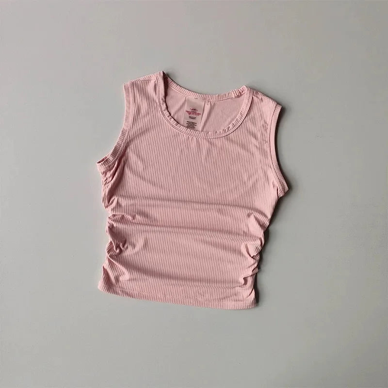 Women's Summer Nude I-Shaped Yoga Sports Vest Slimming Quick Dry Pleated Top for Fitness And Sports Activity