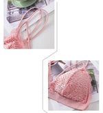 Women Scalloped Lace V Neck Padded Bra Fixed Non Adjustable Double Thin Strap Triangle Hollow Bralette One Size Underwear