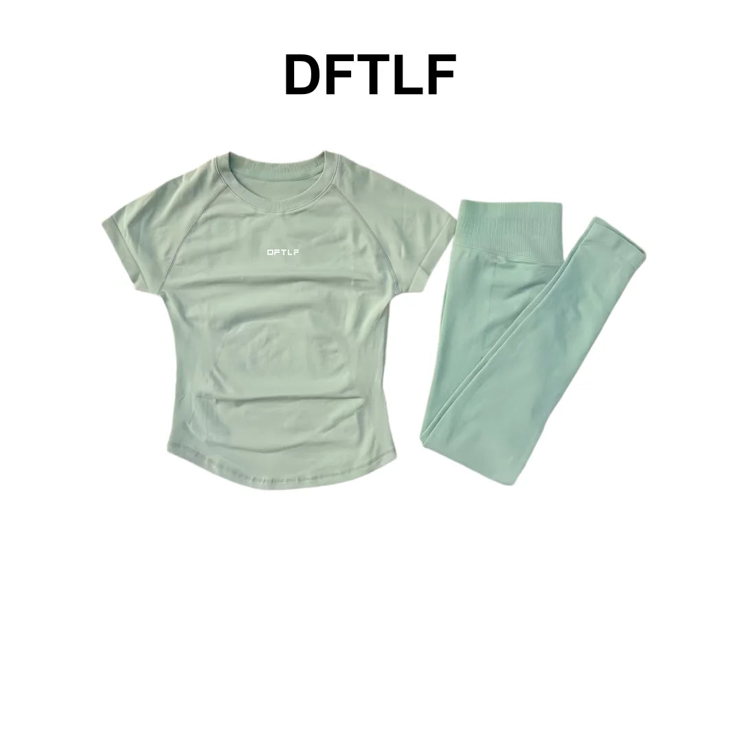 DFTLF 2 Pieces Women Yoga Set Slim Short Sleeve Top High Waist Leggings Seamless Workout Gym Fitness Quick Dry Sportswear Suit