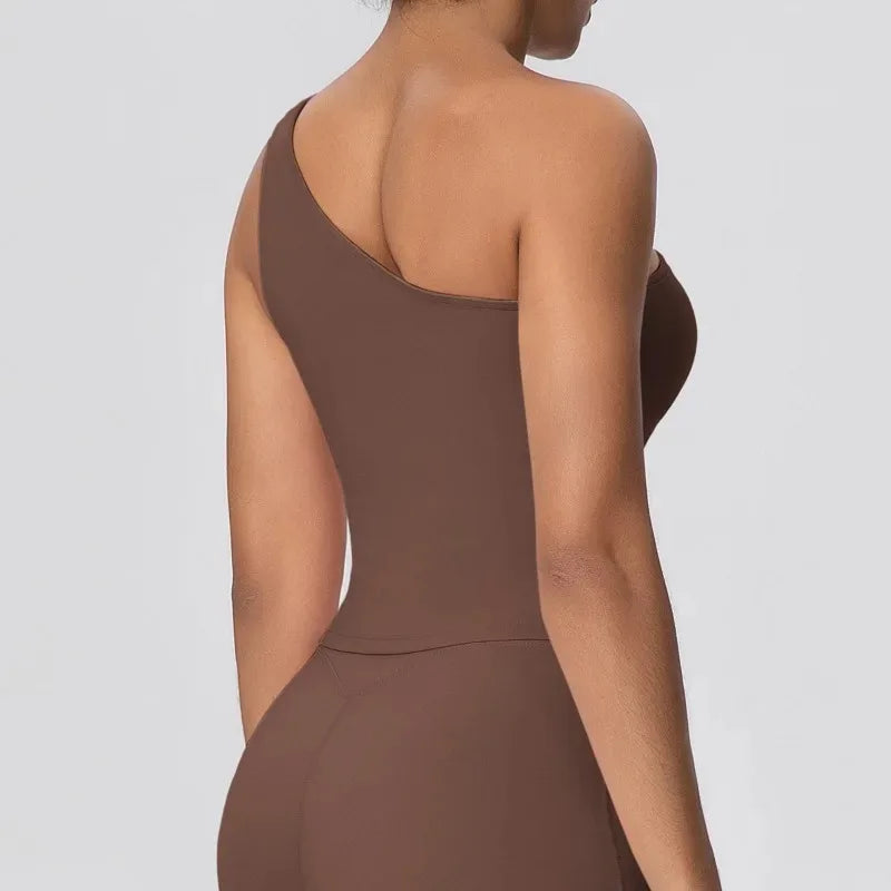 Women Seamless Cloud Feel One-Shoulder Waist-Cinching Yoga Vest Quick-Dry Slimming Sports Shaping Underwear Running Fitness Top