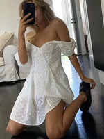 White lace embriodery summer beach dress women elegant hollow out lace up short dress off shoulder puff sleeve sheer dress 2025