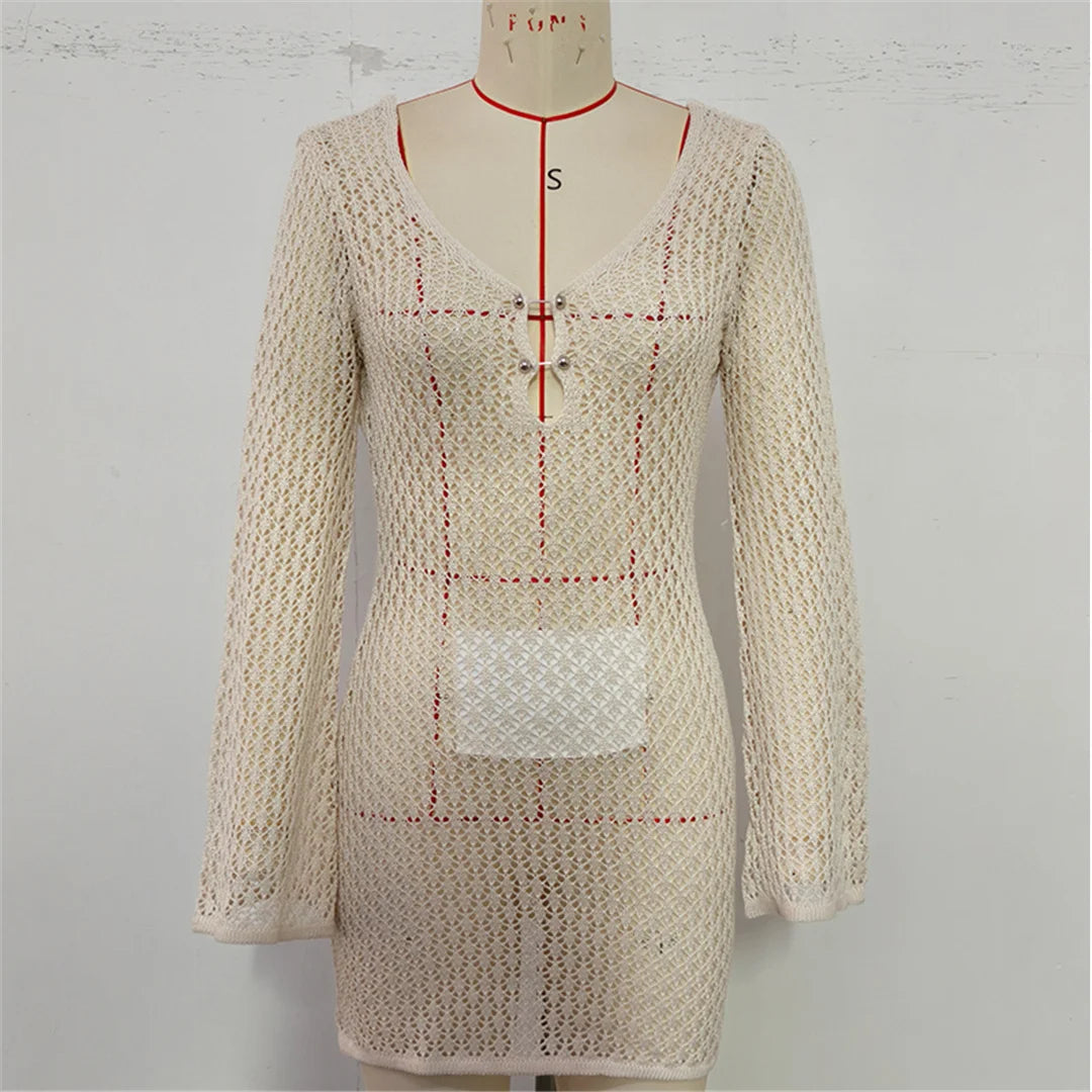 V Neck Long Sleeve Hollow Out Crochet Knitted Tunic Beach Cover Up Cover-ups Beach Dress Beach Wear Beachwear Female Women V7643
