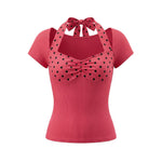 2026 Summer Women T-shirt Dot Print Short Sleeve Square Neck Halter Corset Tops Daily Casual Going Out Shirts Streetwear