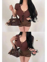 Hot Girl Sexy Hollow V-neck Tight Look Slimming Chest Cushion Short Sleeve Jumpsuit T-shirt Top Body Suits Fashion Women 256M