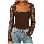 Women'S Sexy Lace Patchwork Square Collar Long Sleeve T-Shirt Elegant Sheer Mesh Slim Fit Cropped Top Spring/Fall 2026 Basic Top