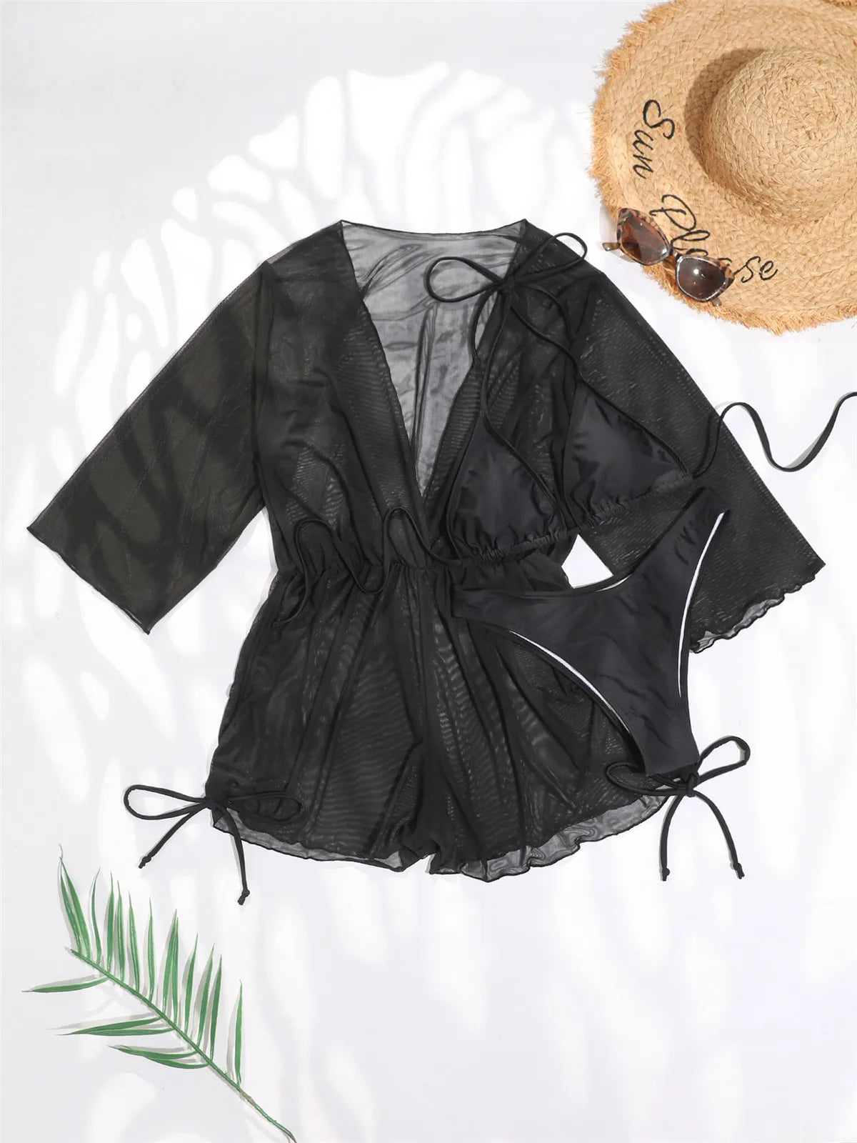 Sexy Long Sleeves Cover Up Bikini Set Women White Black Push Up Mesh Dress 3 Piece Swimsuit Bathing Suit Thong Swimwear 2026