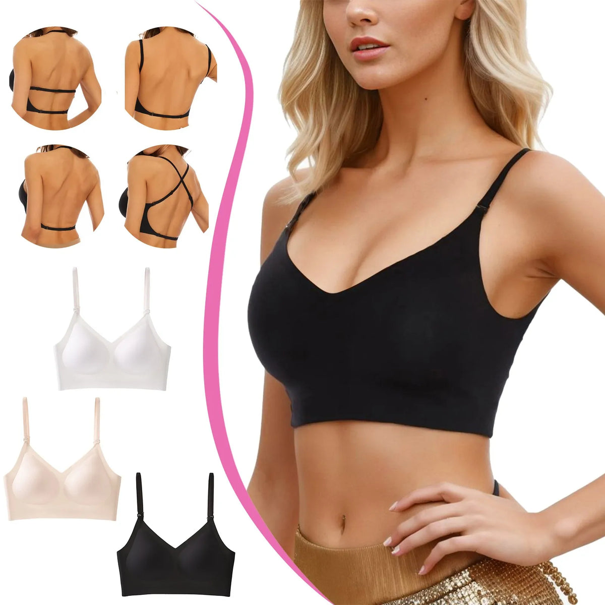 Seamless Low Back Bra For Women Support Multiway Wireless Backless Padded Bralette Gathering Lifting Straps Convertible Bras