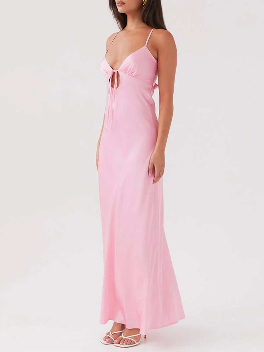 Women Cami Dress Solid Color Sleeveless Tie-Up Front Sleeveless Backless Dress Long Dress Summer Casual Spaghetti Strap Dress