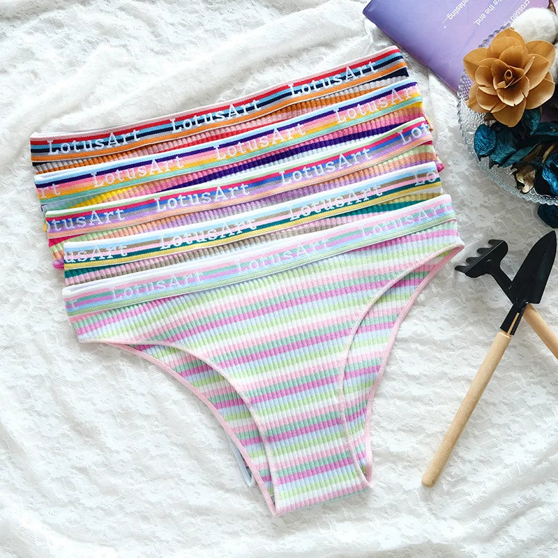 6PCS/Set Cotton Panties For Women Striped Briefs Low Waist Bottoms Female Sports Underpants Seamless Underwear Sexy Lingerie