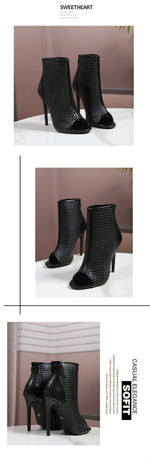 Big Size 42 Sexy Black Hollow Out Summer Boots Women Chic Peep Toe Thin High Heels Zip-up Ankle Boots Party Shoes