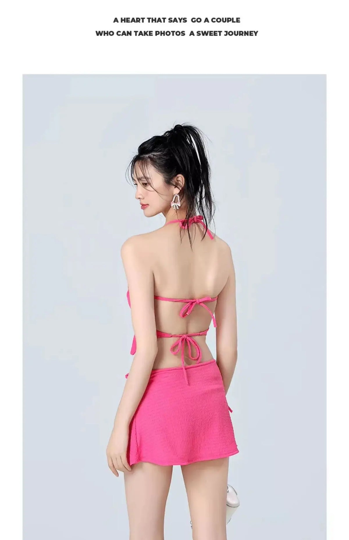 Vacation Beach Ins Rose Red Bikini Three Piece Swimsuit Women's Small Chest Internet Famous Swimsuit Butterfly Sexy Spicy Girl