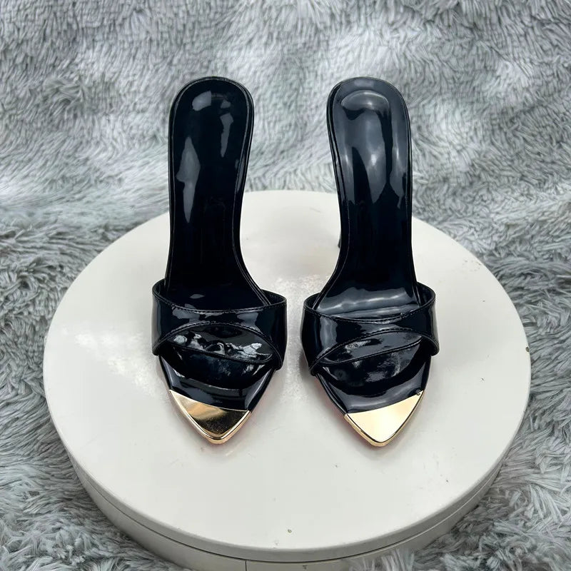Black glossyFemale High Heels Open Toe Slides Trending Breathable Women Summer Outfit Casual Shoes12cm Sandals