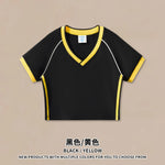 Hot girl top V-neck exposed navel contrasting color splicing clothes women's street short-sleeved T-shirt