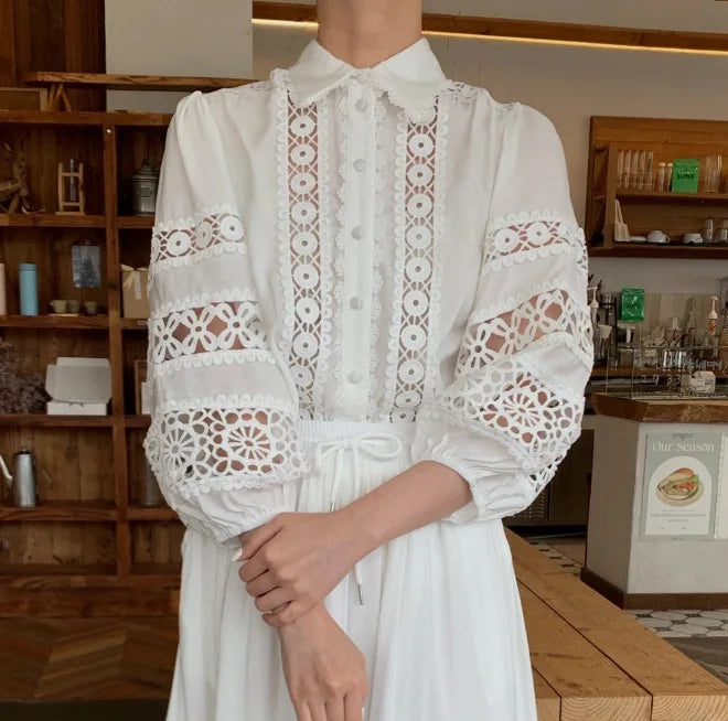 2026 French Retro Heavy Shirt Skirt Hollow Lace Balloon Sleeve Shirt + High Waist Belted Skirt Fashion Suit for Women