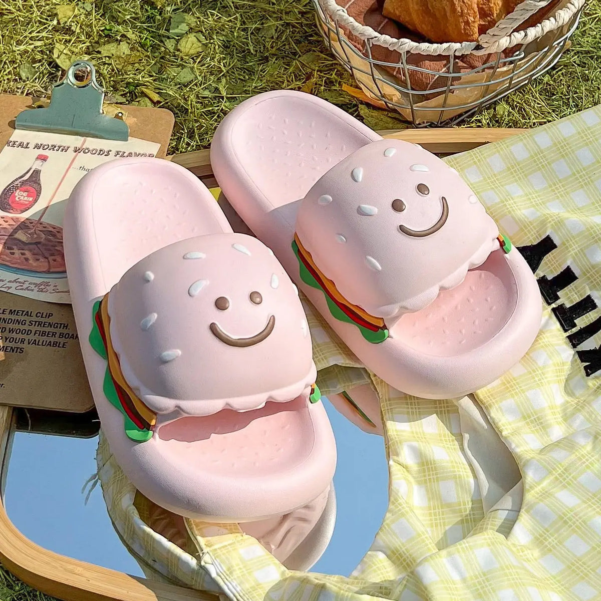 CartoonCutesy3D Sesame Burger Slippers for Women, Summer Outdoor & Home Wear, Anti-Slip Thick Soles, Flat Back Slides,Flip Flops