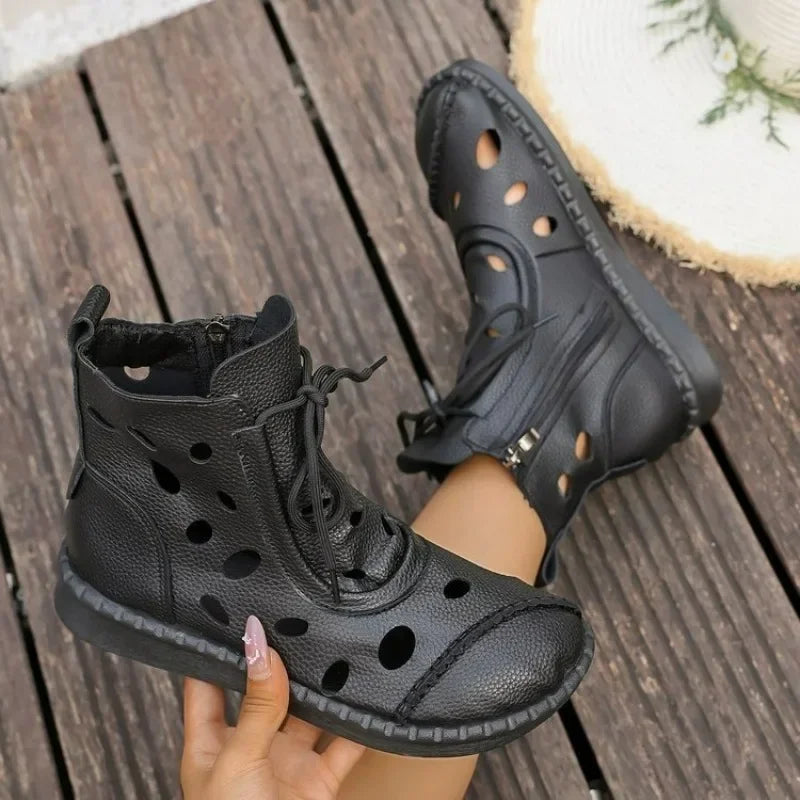 New 2026 Women's Casual Cool Boots Spring Summer Hollow Breathable Soft-soled Comfortable Flat-bottomed Short Boots