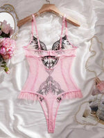 Pink Lace Embroidery Jumpsuit with Black Floral Lace Paneling High-Waist Triangle Pant Design Romantic French Sexy Underwear
