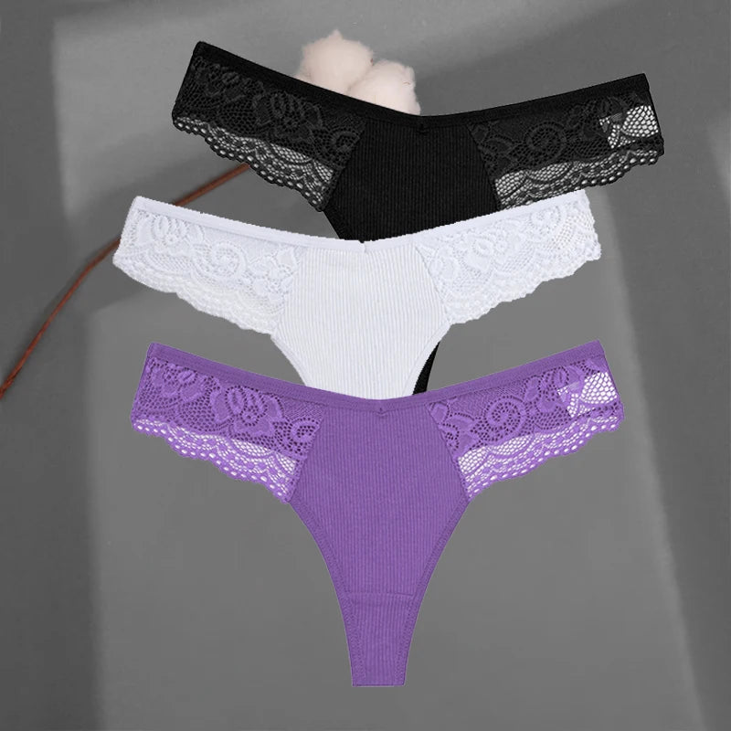 3Pcs/set Cotton Thongs Lace Bikini Underpants Women S-XL T-Back Underwear Ladies G-string Soft Thong Panties Female Lingerie New
