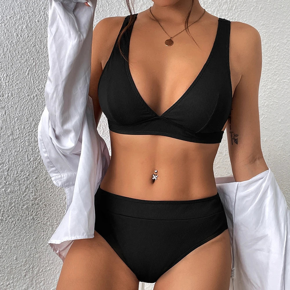 Summer new style small pit strip pure color bikini two-piece set sexy beach vacation women's swimsuit