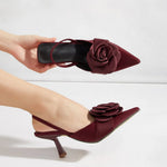 Big Size 43 Elegant Flower Burgundy Slingback Sandals Mules Summer Sexy Pointy Toe Thin High Heels Sandals Shoes Women