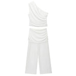 Women's One Shoulder Top Long Pants Set White Strapless Ruched Crop Top And Mesh Flare Pants Two Piece Set Out Party Outfit LNBK