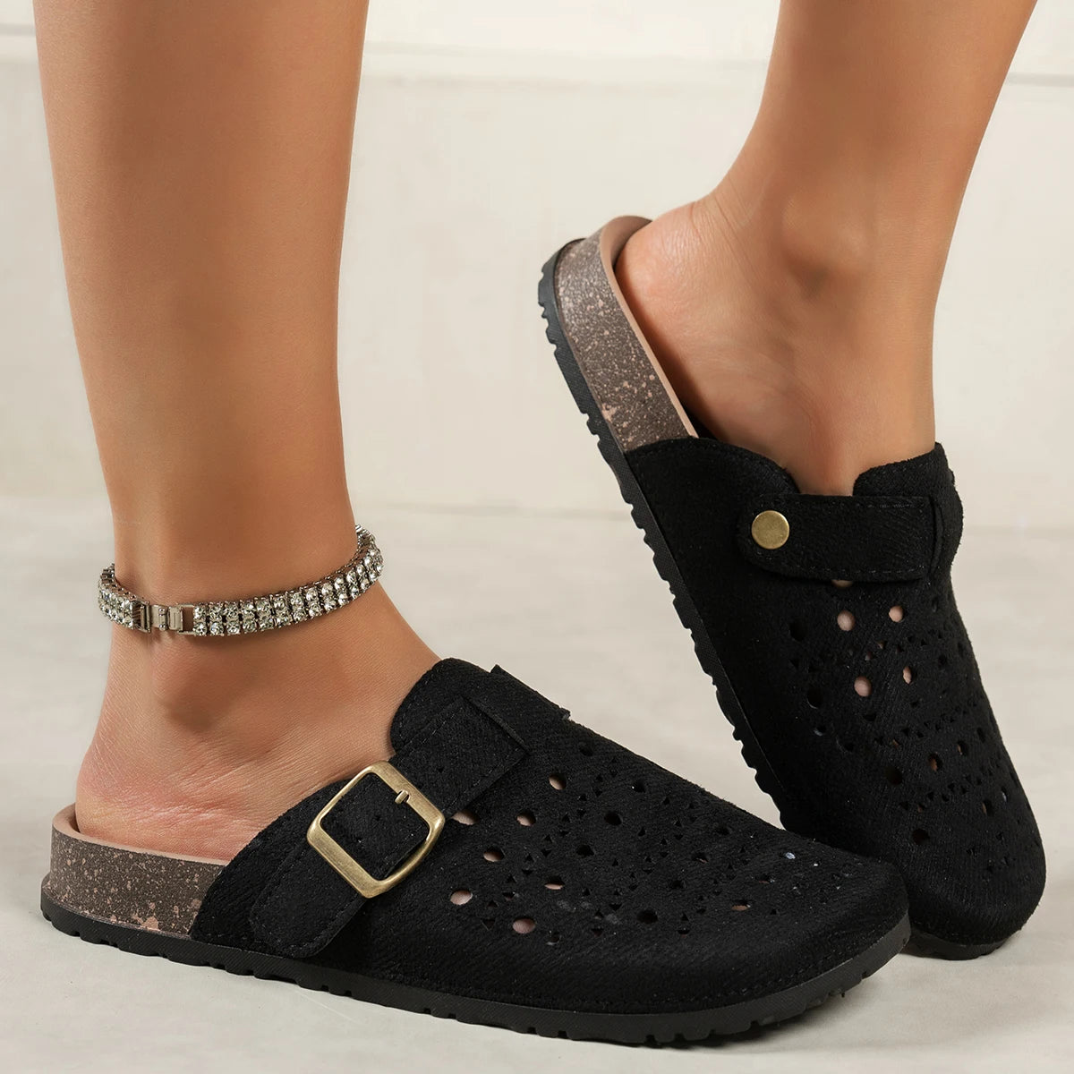 Women Hollow Out Clogs Slippers Perforated Cork Sole Flat Mules Buckle Closed Toe Breathable Indoor Outdoor Summer Shoes