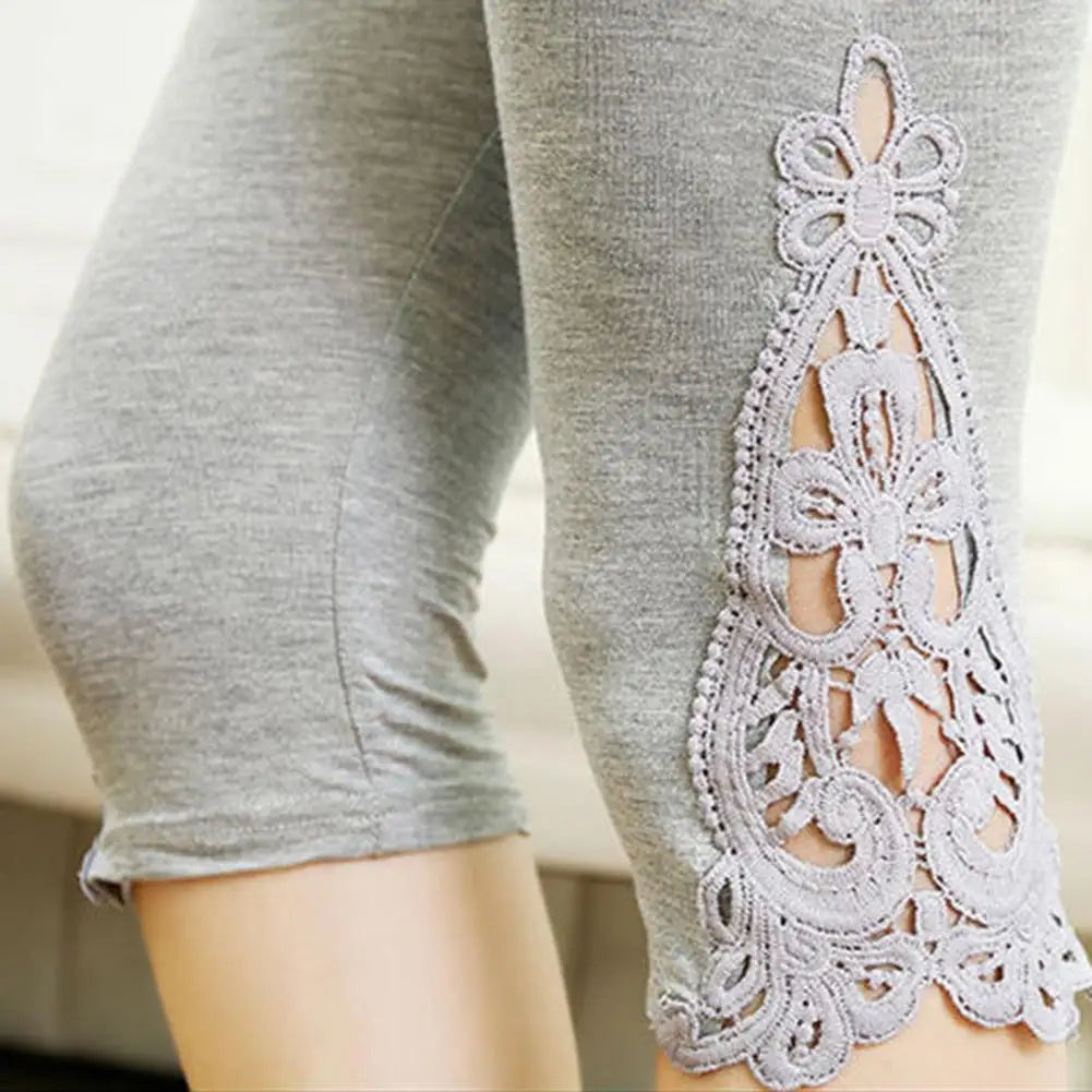 Summer Stretchy Cropped Pants Cropped Leggings Women Elastic Waist Embroidery Lace Stitching Thin Tight-Fitting Pants