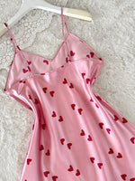 New Women's Pink Slip Nightdress Heart Print V Neck Spaghetti Strap Chemise Cute and Sweet Sleepwear for Party or Daily Life