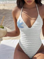 Sexy Holiday Swimwear Women 2026 Blue Sequin Starfish V Neck Hollow Out Backless Tummy Control Bathing Suit One Piece Swimsuit