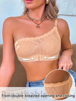 Women's One Shoulder Lace Bra Front Closure Wireless Bandeau Comfort No Lining Breathable Lingerie