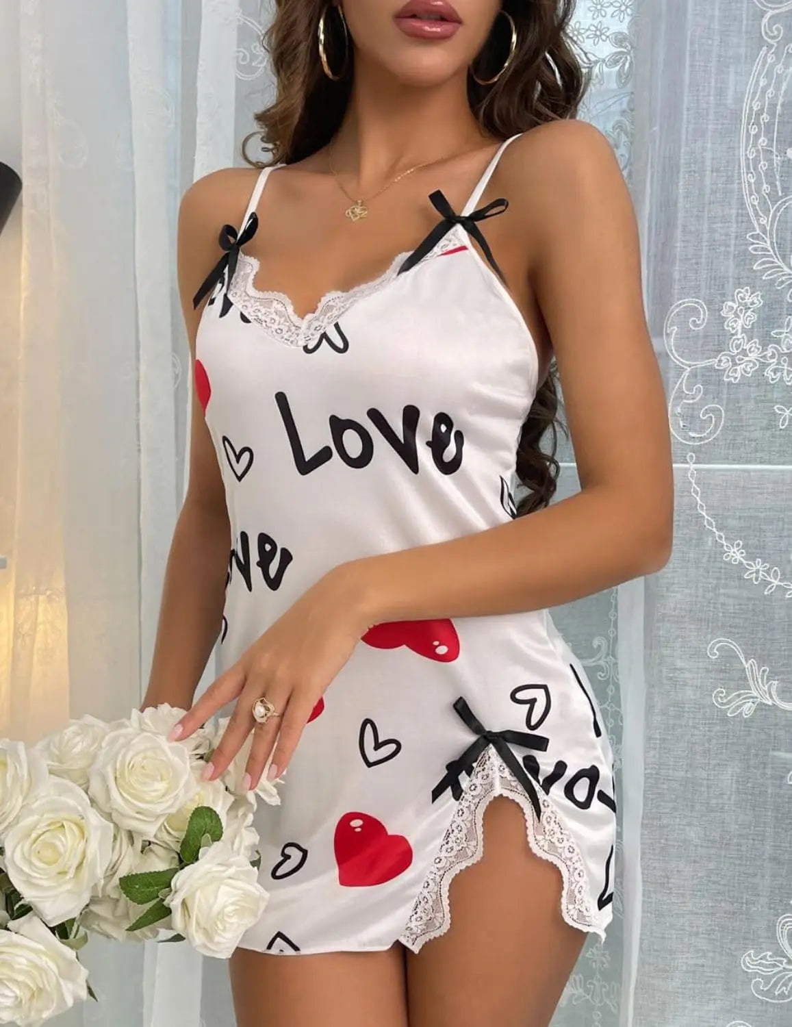 New Sexy Black Nightgown for Women Red HeartLove Print Satin Lace Trim Mini Chemise Adjustable Spaghetti Strap Lingerie
