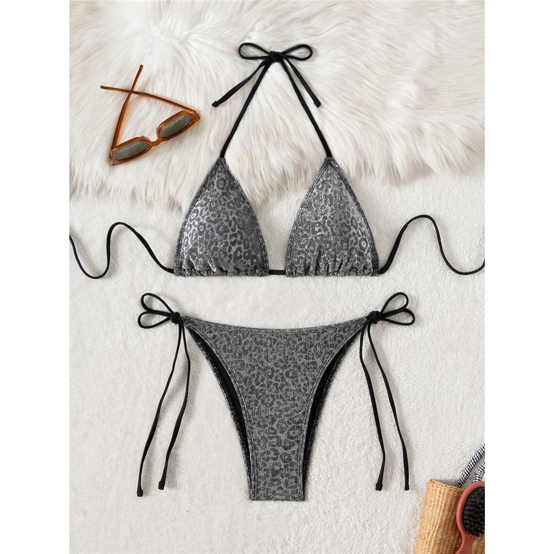 Sparkling Leopard Halter Bikini Female Swimsuit Women Swimwear Two-pieces Bikini set High Leg Cut Bather Bathing Suit Swim K7182