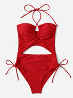 2026 Drawstring Swimsuit Solid Cut Out Knot Halter One Piece Swimwear Women Padded Bathing Suit Female Swimming Summer Beachwear