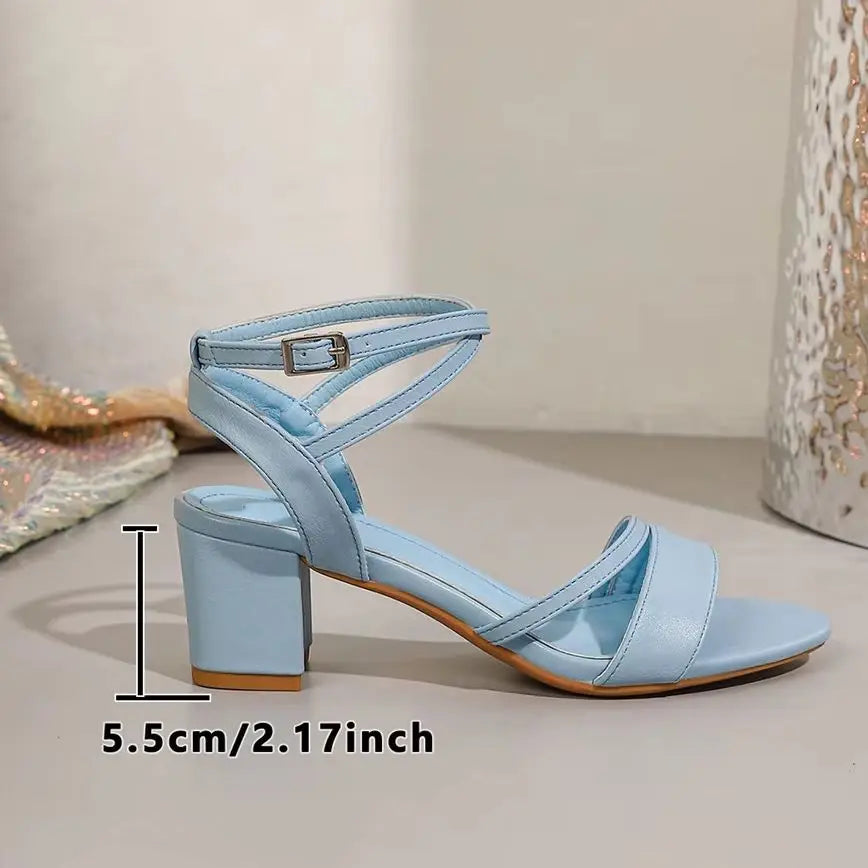 Big Size 42 Classic Blue Ankle Strap Sandals for Women Elegant Summer Block Heels Office Lady Daily Wear Shoes