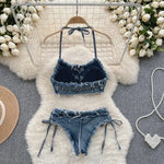 Bathing Suit Women Sexy Denim Suits Bikini Set Lace Up Drawstring Beachwear 2025 Solid Summer Vintage Two-pieces Swimwear