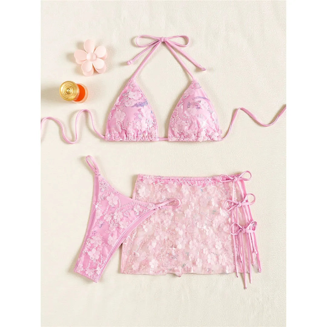 S - XL Three-pieces Bikini set With Skirt Flowers Sequins Bikini Female Swimsuit Women Swimwear Bather Bathing Suit Swim V7864