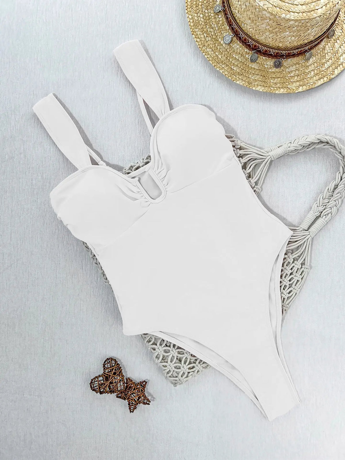 DEKA One Piece Swimsuit New U Neck Wrinkled White Swimwear Women Female High Cut Leg Monokini Padded Bather Bathing Suit Swim