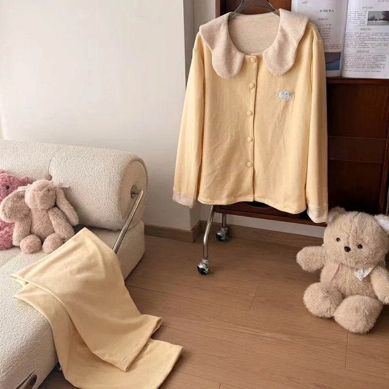 Autumn Winter Women Sleepwear, Solid Color Dralon Pajama Set, Soft Warm Doll Collar Long Sleeve & Long Pants Home Loungewear
