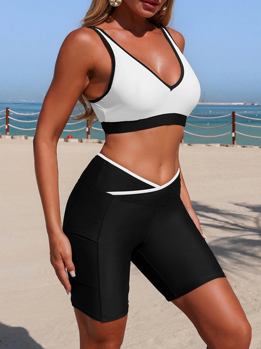 2026 Sporty Two Pieces Swimsuit Women Long Knee Shorts Padded Swimwear Female Solid Bathers Bathing Swimming Swim Suit Beachwear