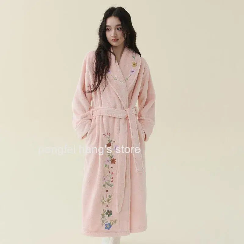 Ladies Elegant Premium Embroidered Coral Fleece Bathrobe Thick Extra Long Warm Winter Bridal Home Dressing Gown Sleepwear