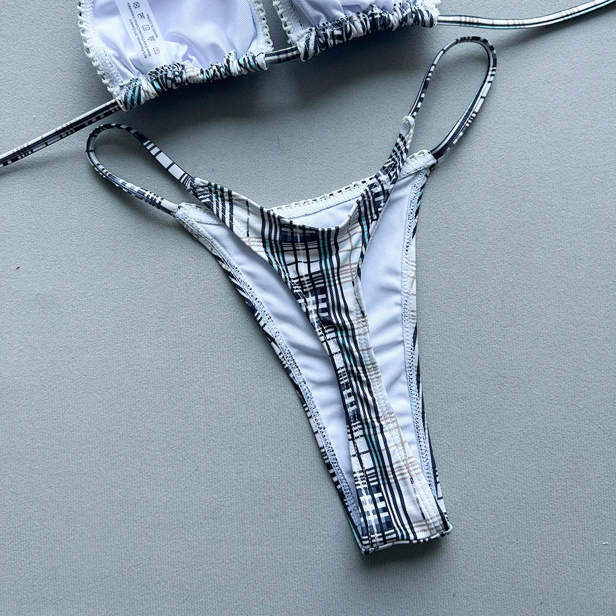 New 2026 Women's Micro Bikini Set Plaid Print Neck Lace-up Backless Biquini Beachwear Sexy Push Up Thong Low WaistBathing Suit