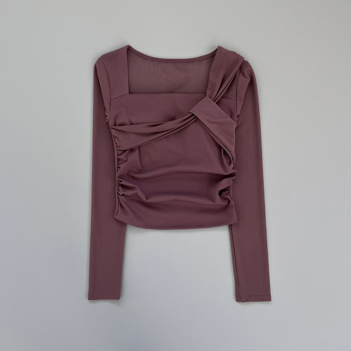 Women Square Neck Mesh Long Sleeve Yoga Top Shoulder Twist Side Ruched Soft Breathable Fitness Sports Tee ****