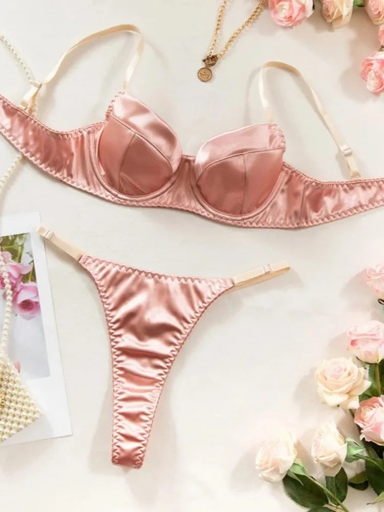Sexy Satin Lingerie 2 Pcs Bra Set Women Underwear Patchwork Bras and Thongs Suits Attractive Bilizna Intimate Set